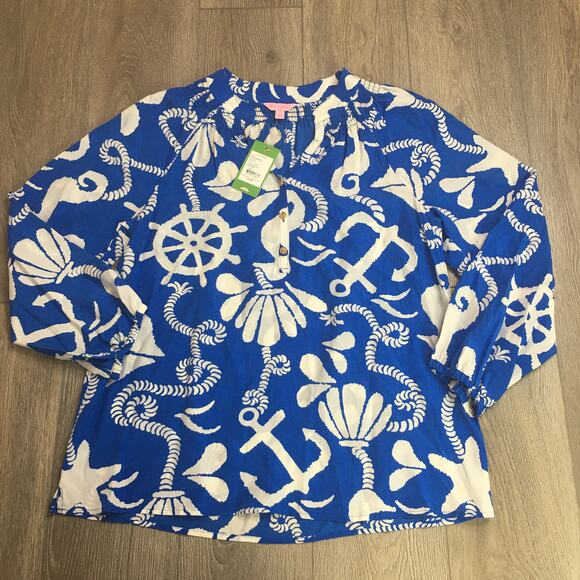 NWT Lilly Pulitzer Womens Elsa Top Schooner Blue Dock Hopper Silk Blouse L - Picture 2 of 7